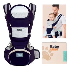 Bolsa Canguru Ergonômico Baby Bear Premium 12 posições 4 em 1 bolsos frontais e laterais proteção e segurança cor azul marinho